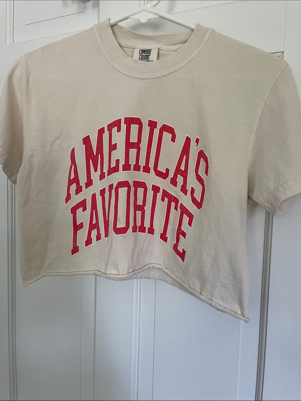 Comfort Colors Cream Cropped Tee with Red 'America's Favorite' Print